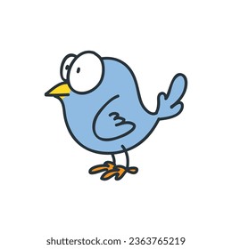 Funny doodle bird. Cartoon illustration of a puzzled blue bird isolated on a white background. Vector 10 EPS.