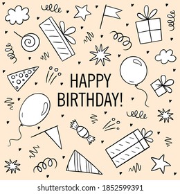 Funny doodle birthday background with presents, stars, balloons, cake, candy etc. Flat vector illustration