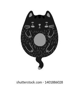 Funny doodle bored black cat. Vector illustration of cute hand drawn pet. Cartoon character isolated on white background for print, fabric, design, sticker