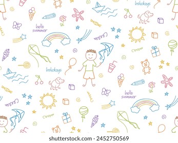 Funny doodle boy childish seamless pattern. Summer holidays, fun, happy childhood illustration. Hand drawn cute colorful background. Kids drawing for design