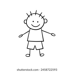Divertido chico garabato. Feliz lindo niño garabato. Niño dibujado a mano. Qué niño más gracioso. Ilustración vectorial en estilo dibujado a mano aislado sobre fondo blanco.