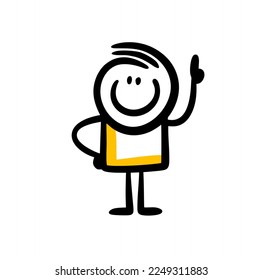 Funny doodle boy stands and points his finger at the sky above his head. Vector illustration of a man to draw attention to important information.