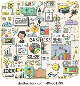 Divertido conjunto de negocios Doodle. Ilustración de color dibujada a mano del vector. Textura de época.  