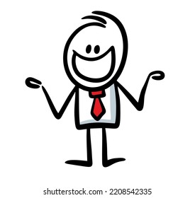 Funny empresario garabato con una sonrisa tonta en su cara. Ilustración vectorial de un stickman de dibujo rápido del trabajo de oficina.