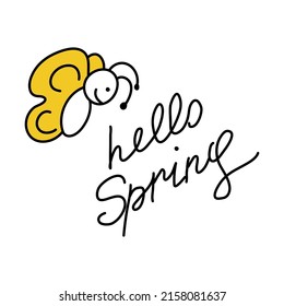 Funny doodle butterfly. Sloppy lettering with phrase Hello Spring. Cute icon in the children's style. Stylish element for the design of stickers, prints, packages, cards. Simple clipart. Easter decor.