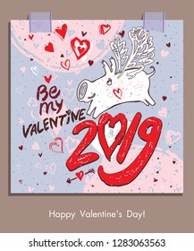 Funny doodle card. Happy Valentine's Day in 2019 pig. Handwritten inscription and white pig with wings and airy hearts fly. Vector graphics imitation of drawing with a rough brush.
