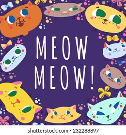 Funny doodle cartoon cats vector background and card (meow meow!)