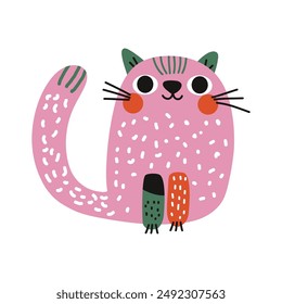 Funny doodle cat character. Cute naive cartoon kitten, doodle childish domestic animal in playful mood, colorful flat abstract cat. Vector isolated illustration.