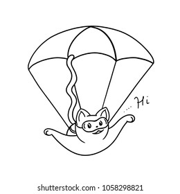 funny doodle cat flies with a parachute. Vector illustration