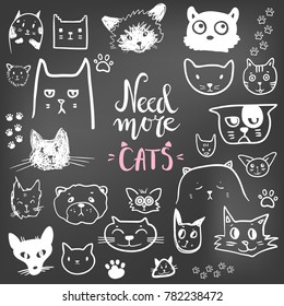 Funny doodle cat icons collection. Hand drawn pet, kid drawn design. Cute modern elegant style, different breeds. Need more cats