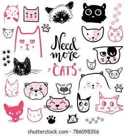 Funny doodle cat icons collection. Hand drawn pet, kid drawn design. Cute modern elegant style, different breeds. Need more cats
