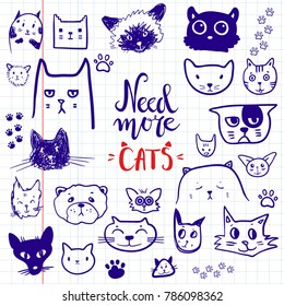 Funny doodle cat icons collection. Hand drawn pet, kid drawn design. Cute modern elegant style, different breeds. Need more cats