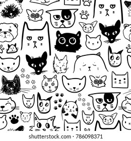 Funny doodle cat icons seamless pattern. Hand drawn pet, kid drawn design. Cute modern elegant style, different breeds