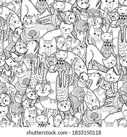 Funny doodle cats black and white seamless pattern. Coloring page for adults and kids with cute cats in different poses. Outline background. Vector illustration