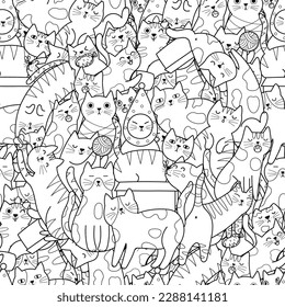 Funny doodle cats black and white seamless pattern. Cute background with funny feline animals for coloring book. Vector illustration