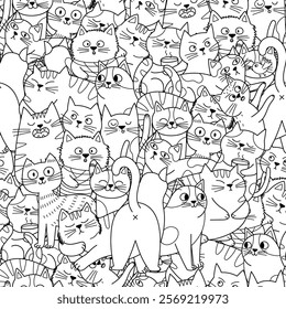 Funny doodle cats black and white seamless pattern. Funny feline characters in different poses for coloring book. Outline background. Vector illustration