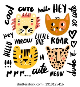 Funny doodle cats collection - guepard, lion, cat and tiger. Vector illustration set of cute cartoon cat species of animals. Cute lettering. Vector set.