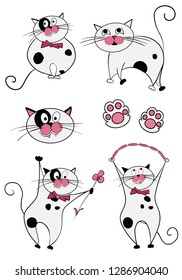 Funny doodle cats collection. Vector illustration of cute cartoon cats in different poses and unusual interpretation. isolated on white