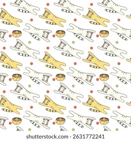 Funny doodle cats, hand-drawn, seamless pattern. For: pet products, children’s and fun adult designs, vibrant backgrounds, gift wrapping paper, fabric design, printed materials.