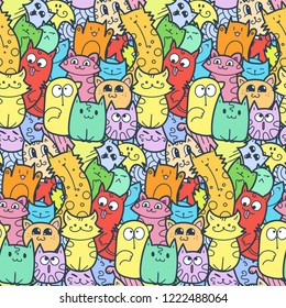 Funny doodle cats and kittens seamless pattern for prints, designs and coloring books. Vector illustration