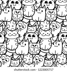 Funny doodle cats and kittens seamless pattern for prints, designs and coloring books. Vector illustration
