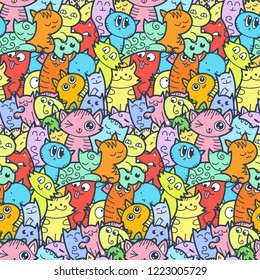 Funny doodle cats and kittens seamless pattern for prints, designs and coloring books. Vector illustration