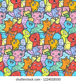 Funny doodle cats and kittens seamless pattern for prints, designs and coloring books. Vector illustration