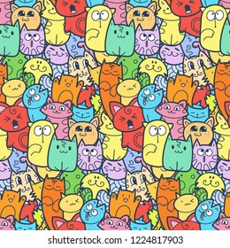 Funny doodle cats and kittens seamless pattern for prints, designs and coloring books. Vector illustration