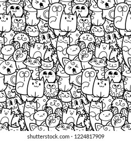 Funny doodle cats and kittens seamless pattern for prints, designs and coloring books. Vector illustration