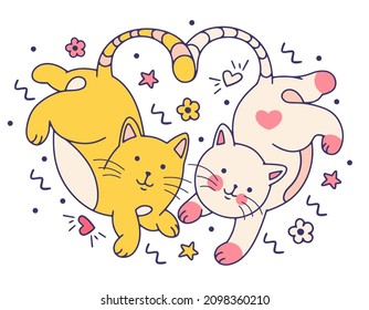 Graciosos felinos de Doodle enamorados rodeados de corazones. Estilo de caricatura dibujado con escote. El concepto del saludo de San Valentín.