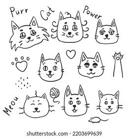 Funny doodle Katzen Vektorset. Eine handgezeichnete, schwarz-weiße Gesichtskollektion mit Herz, Pfotendruck, Punkte, Schrift, Wörter im Stil einer Cartoon-Skizze