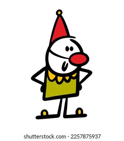 Funny doodle character in a circus clown costume with a red nose and a hat is waiting for the performance. Vector illustration of a childrens animator for kids entertainment.