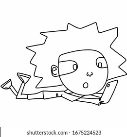 Funny doodle character laying on floor holding a smartphone while watching something
