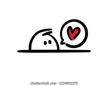 Funny doodle character sticking out from the hole and talking of love with heart in comics bubble. Vector illustration of hiding shy child.