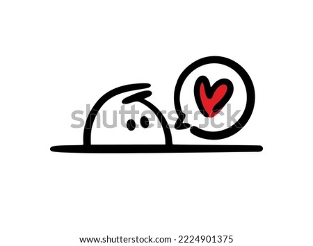 Funny doodle character sticking out from the hole and talking of love with heart in comics bubble. Vector illustration of hiding shy child.
