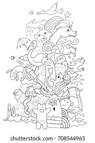 funny doodle characters coloring page monster