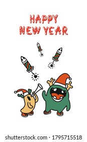 Funny Doodle characters drawn by hand in cartoon style. greeting card-happy New year 2021. vector illustration for banner, postcard, poster with Christmas holidays. Isolated on a white background.