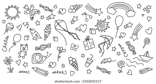 Funny doodle children's set.  Outline kid elements. Hand drawn line childish background. Happy childhood concept