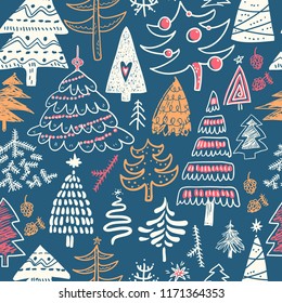 Funny Doodle Christmas Pine Trees Seamless Pattern. Hand Kids Drawn Skethes. Trees In Winter, Textile, Wrapping Paper