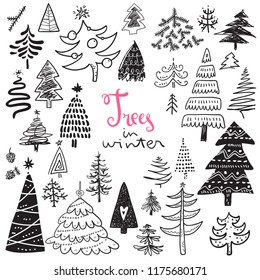 Funny doodle christmas pine trees icons collection. Hand kids drawn skethes. Trees in winter, lettering