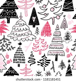 Funny doodle christmas pine trees seamless pattern. Hand kids drawn sketches. Trees in winter, textile, wrapping paper