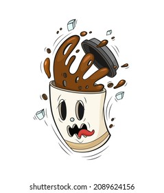 Divertido personaje de la taza de café con doodle. Una taza loca dibujada a mano con vectores salpicados de bebidas negras y cubos de azúcar. Esbozo de la taza de papel lindo con espresso, té o chocolate aislado en fondo blanco