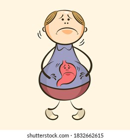 Divertido concepto de garabato y problemas digestivos. Caricatura vectorial sufriendo de estómago. Gastrits diarhea envenenamiento concepto.