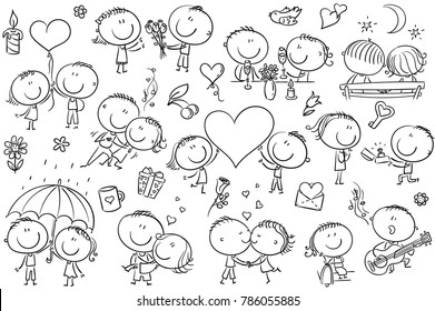 Funny doodle couples kissing, dancing, etc. Great for Valentine's Day, love and romance illustrations, black and white outline