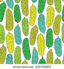 funny doodle cucumber bright green seamless pattern