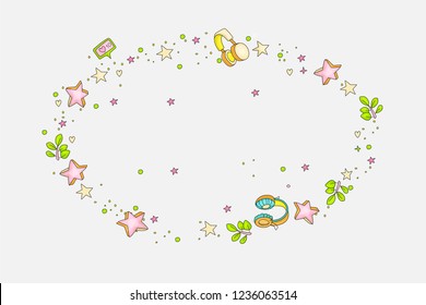 Funny doodle decorative round element with stars, hearts, headphones, branch, leaves, likes. Cartoon colored decoration for banner, lettering, illustration, cute game.