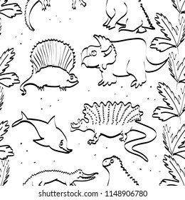Funny doodle dino pattern. Ink style. Cute dinosaurs. Hand drawn vector doodle design for kids. Hand drawn children's pattern for textile, fashion clothes, fabric