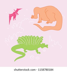 Funny doodle dino set. Childish style. Cute dinosaurs. Hand drawn vector doodle design for kids. Hand drawn children's illustration for stikers, fashion clothes