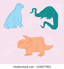 Funny doodle dinos. Flat style. Cute dinosaurs. Hand drawn vector doodle illustration for kids. Doodle dinos for stickers, fashion clothes, books
