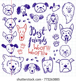 Funny doodle dog icons collection. Hand drawn pet, kid drawn design. Cute modern elegant style, different breeds